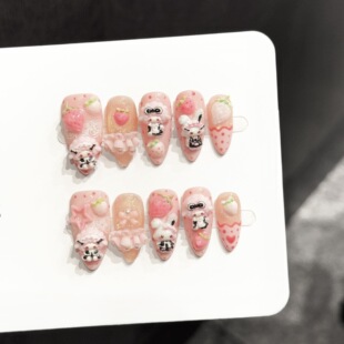 温柔风 甜兔草莓卡通猫眼穿戴甲粉色可爱显白纯手工甜美美甲法式