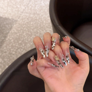 纯手工穿戴甲2024新款香槟豹纹辣妹风高级感显白长尖款欧美假指甲