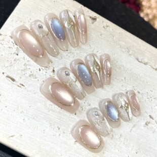 巴洛克千金风手工穿戴甲星月奶油感显白甲轻奢中长款美甲成品贴片