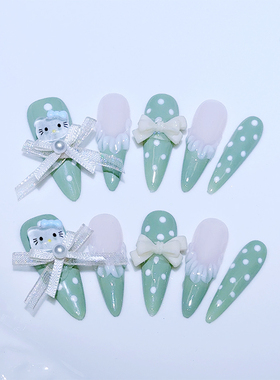 手工穿戴甲美甲冰透绿色小清新波点蕾丝蝴蝶结猫咪玻璃珠假指甲