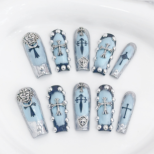 假指甲贴片可拆卸 纯手工穿戴甲甜酷辣妹浅蓝色金属克罗心显白长款