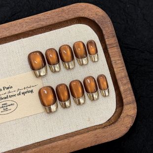 秋冬金色魔镜粉法式焦糖玻璃珠猫眼短款日常简约美甲穿戴甲贴片