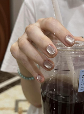 纯手工穿戴甲冰晶纯色玻璃珠猫眼灰色系豆豆甲美甲贴片显白高级感