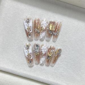 富家千金名媛风高级金箔花晕染花卉爆闪美甲显白长款可拆卸穿戴甲