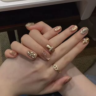 鎏金碎钻波点猫眼穿戴甲高级感轻奢甜酷辣妹气质美甲裸色小众精致