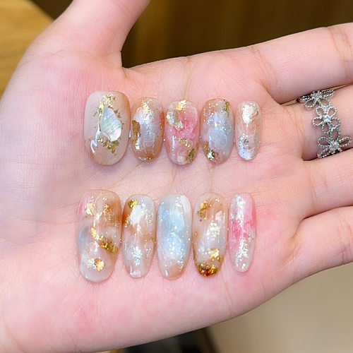 千繁金箔流光粉蓝渐变穿戴甲