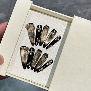 饰闪粉美甲甲片高级感法式 轻奢 黑色金箔纯手工穿戴甲水钻装 新款