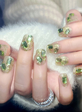 绿色闪钻青提晶石猫眼温柔纯欲甜酷穿戴甲美甲甲片小清新奶油绿