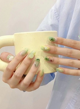 ins夏日小清新茉莉奶绿色美甲穿戴甲冰透立体荷花小荷叶假指甲片