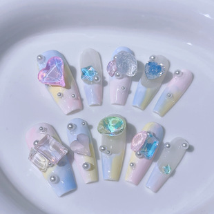 夏日多巴胺手工穿戴甲极光爱心钻石卡通童趣少女心显白可拆卸美甲