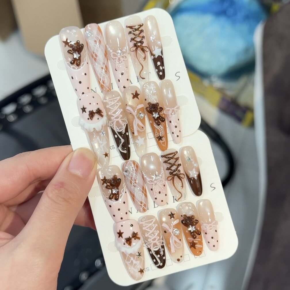 波点猫眼焦糖小熊绑带穿戴甲