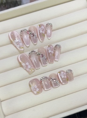 ins夏日紫色冰透穿戴甲花间令手绘感立体晶石猫眼山茶花假指甲贴