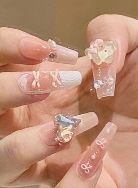 纯手工穿戴甲可爱法式芭蕾舞鞋粉色蝴蝶结小熊温柔显白少女心美甲