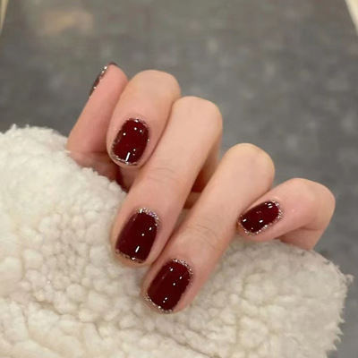 车厘子色银边细闪可拆卸穿戴甲