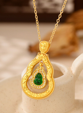 2025款新中式沙金古法点钻镀黄金色葫芦吊坠女鎏金复古中古风项链