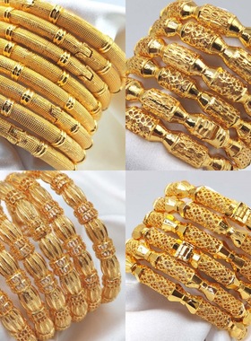 2025新款迪拜24K镀沙金手镯印度新娘结婚金镯子中东女式手环饰品