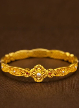2025新款古法珐琅吉祥如意珍珠花丝黄金色手镯复古时尚轻奢手环女