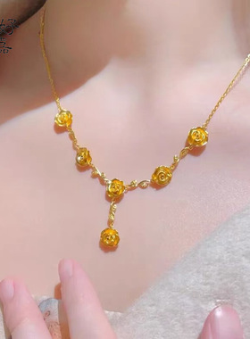 2025款爆款沙金玫瑰花之约项链女士花枝连里婚假一体链铜镀金套链