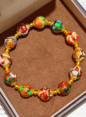 新中式国潮风珐琅彩十二月花神圆珠弹力手串守护繁花转运珠手链女