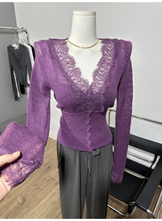 性感纯欲～ 深V透视薄款针织衫修身蕾丝拼接打底衫开衫上衣