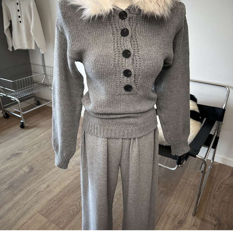 可拆卸毛领连帽扣子长袖针织衫秋冬毛衣上衣