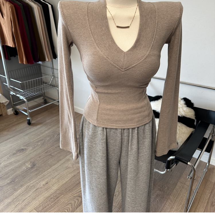 垫肩V领磨毛长袖T恤修身加厚加绒打底衫上衣