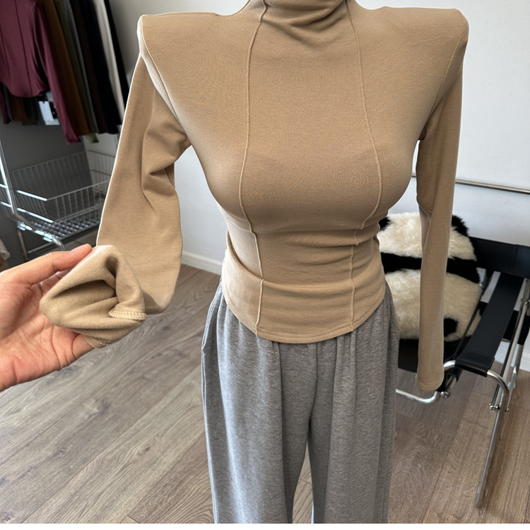 垫肩半高领加绒长袖T恤竖条立领磨毛打底衫上衣