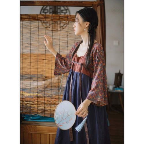 微笑向暖 国风改良拼色拼接高腰汉服裙 国画唐彩飘逸宽袖连衣裙