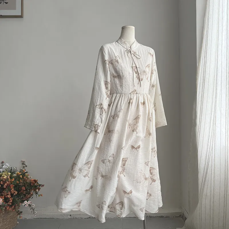 微笑向暖 复古新中式改良立领温柔蝴蝶印花连衣裙 国风印花裙子