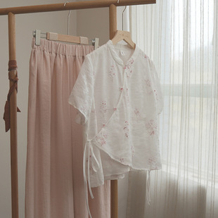 衬衫 国风刺绣粉色短袖 改良夏季 裤 微笑向暖 裙套装 复古新中式