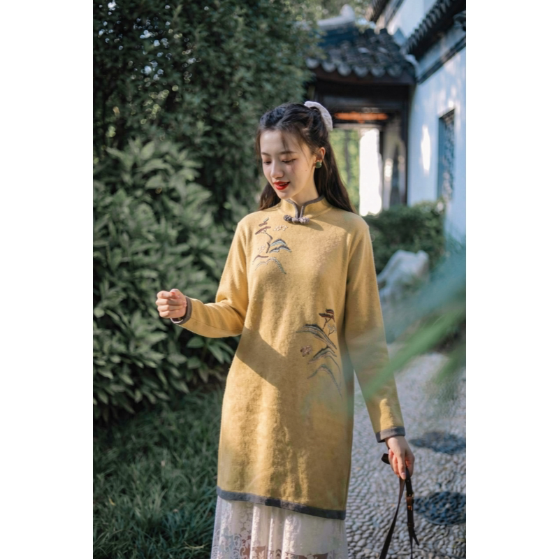 微笑向暖 中国风刺绣毛衣立领旗袍 改良复古宽松禅意复古长袖茶服