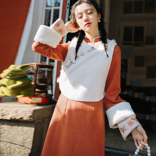 很想很想你周也顾声同款 口刺绣旗袍马甲 微笑向暖国风复古假两件袖