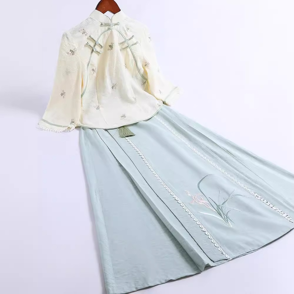 微笑向暖 改良旗袍套装茶艺服中国风汉服文艺学生新中式半裙唐装