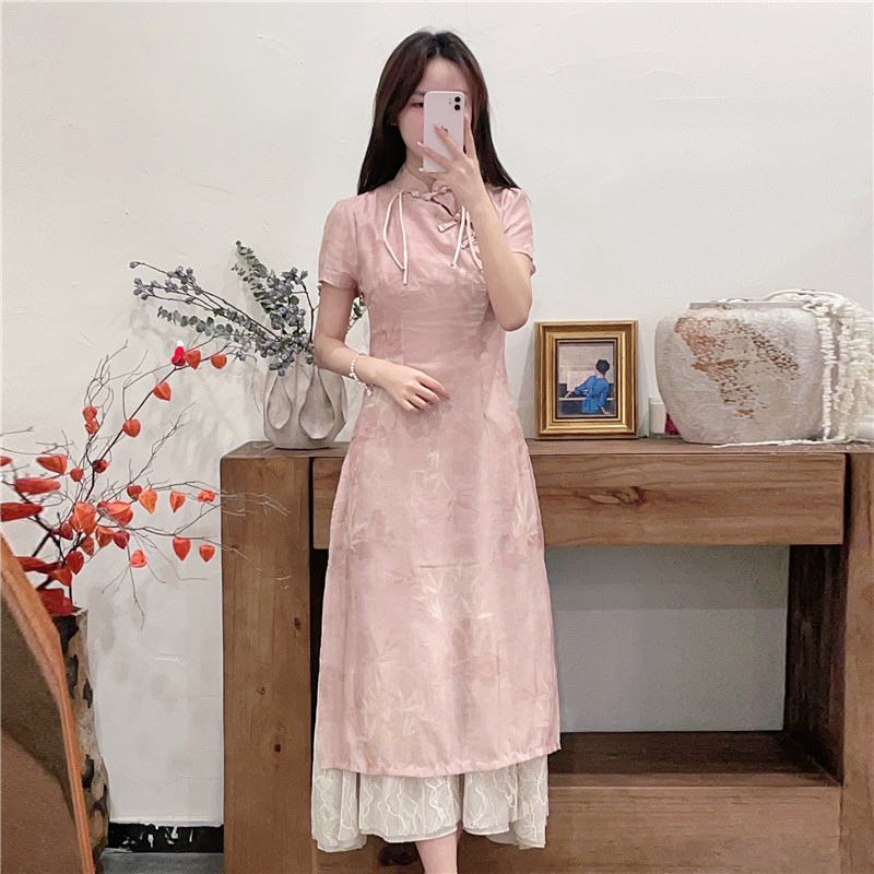 微笑向暖 复古改良少女感旗袍 立领新中式拼接蕾丝显瘦短袖旗袍裙