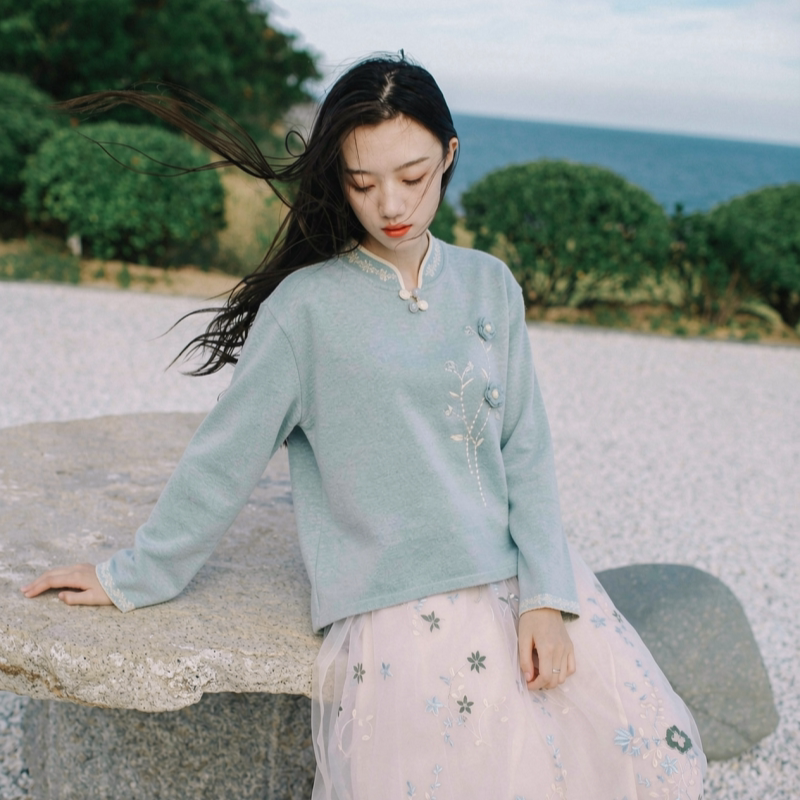 微笑向暖 中国风刺绣毛衣 秋冬套头复古新中式改良上衣禅意茶服