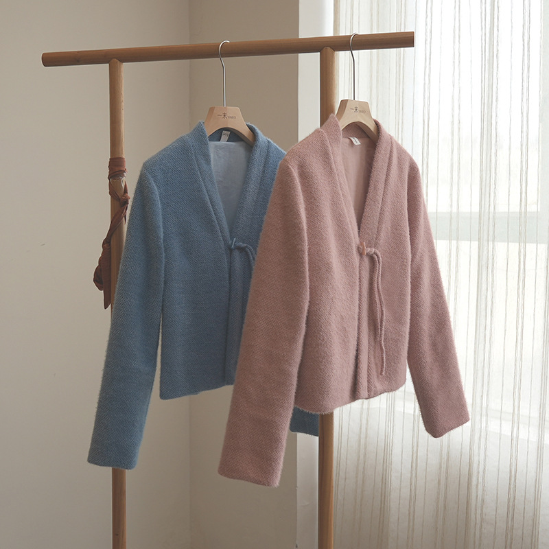 微笑向暖 复古新中式高级感软糯气质V领上衣国风文艺百搭显瘦外套