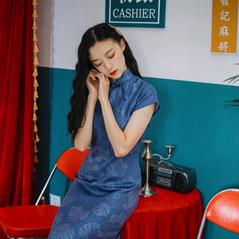微笑向暖 新中式改良蓝色旗袍女春季气质新款印花日常可穿女裙子