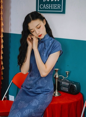 微笑向暖 新中式改良蓝色旗袍女春季气质新款印花日常可穿女裙子