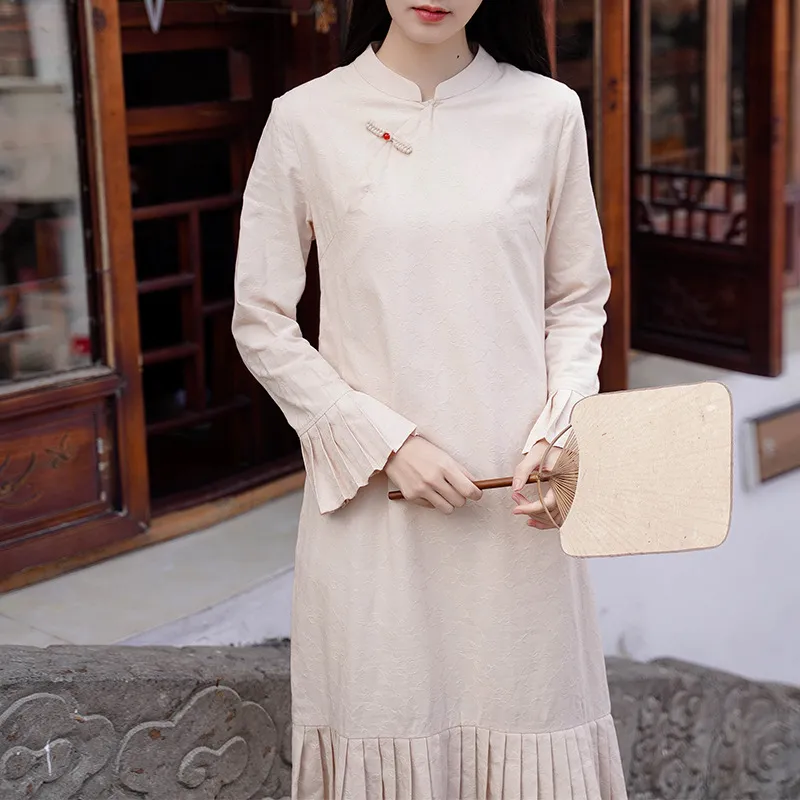 微笑向暖复古温婉轻中式立领斜襟旗袍裙提花棉宽松改良长袖连衣裙