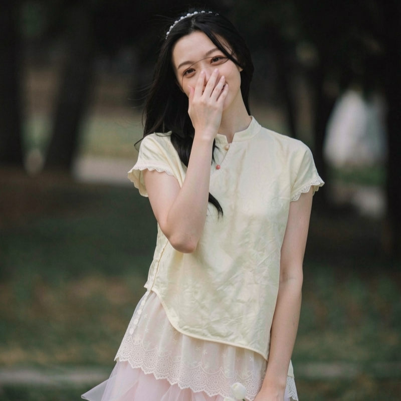 微笑向暖 蕾丝拼接新中式国风少女上衣 改良百搭少女感短袖衬衫