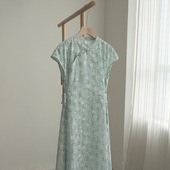 国风蓝色立领旗袍连衣裙优雅气质日常短袖 微笑向暖 复古新中式 裙