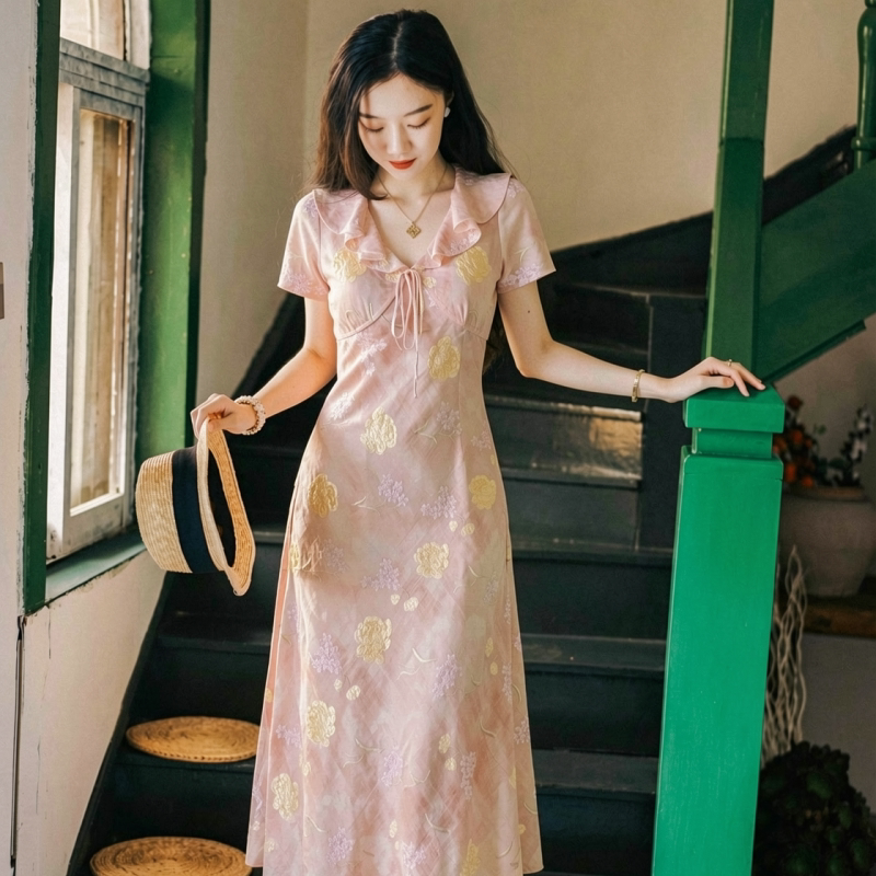 微笑向暖 重工刺绣碎花小飞袖连衣裙 气质收腰A字荷叶边中长裙
