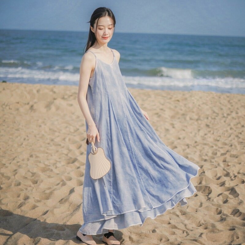 微笑向暖 改良复古文艺拼接大摆打底吊带裙 旅拍喷染显白连衣裙
