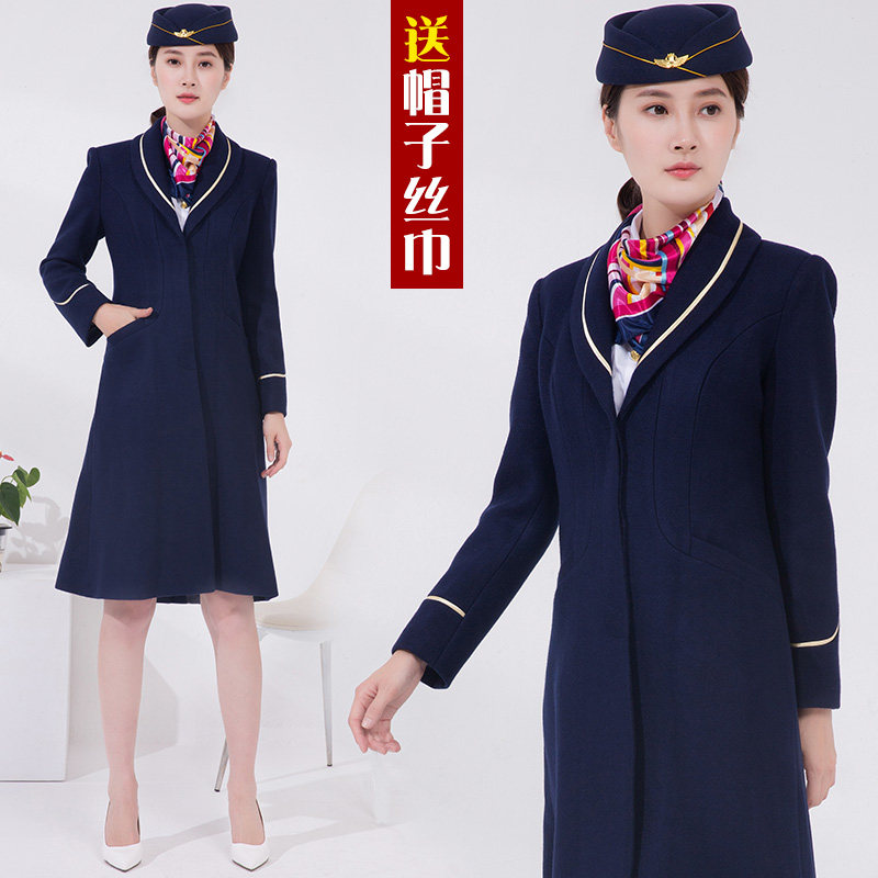 南航空姐大衣女冬长款制服修身过膝毛呢子外套暗扣呢料大衣职业装