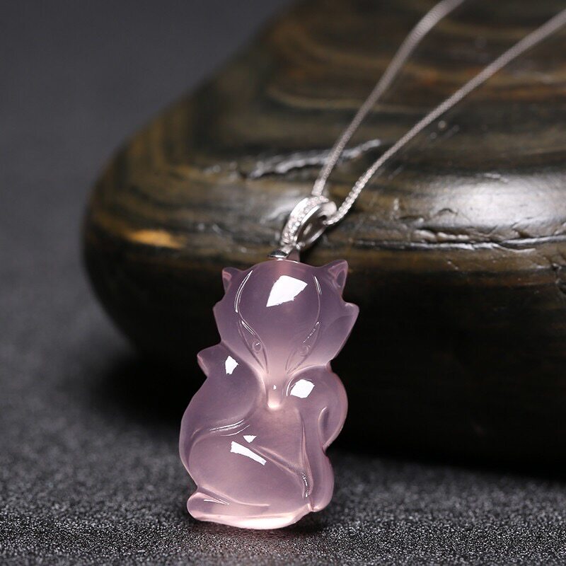 正品天然粉水晶小狐狸吊坠女招桃花转运 925纯银粉晶项链饰品礼物