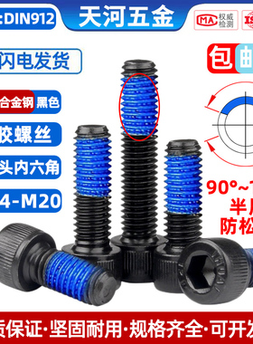 12.9级杯头内六角黑色高强度圆柱头点胶防松涂蓝胶螺丝钉M1.4-M20