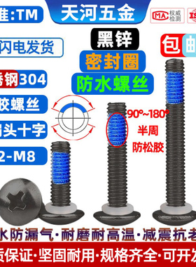 不锈钢304黑锌大扁头十字黑色TM防水密封圈点胶防松螺丝钉M3-M6