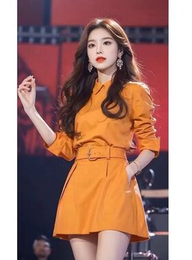 2025夏季新款气质名媛小香风洋气多巴胺橙色衬衫连衣裙配腰带裙子