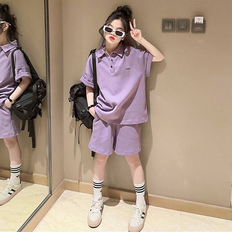 女童夏季短袖套装2026新款运动中大童装休闲polo领T恤短裤两件套