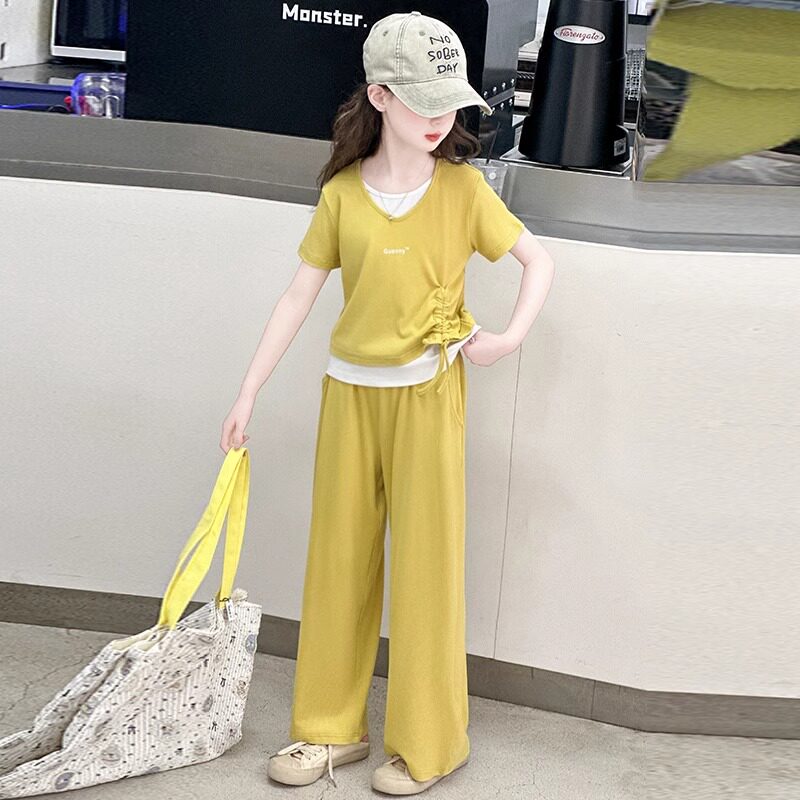 女童夏季假两件套装女孩冰丝垂感